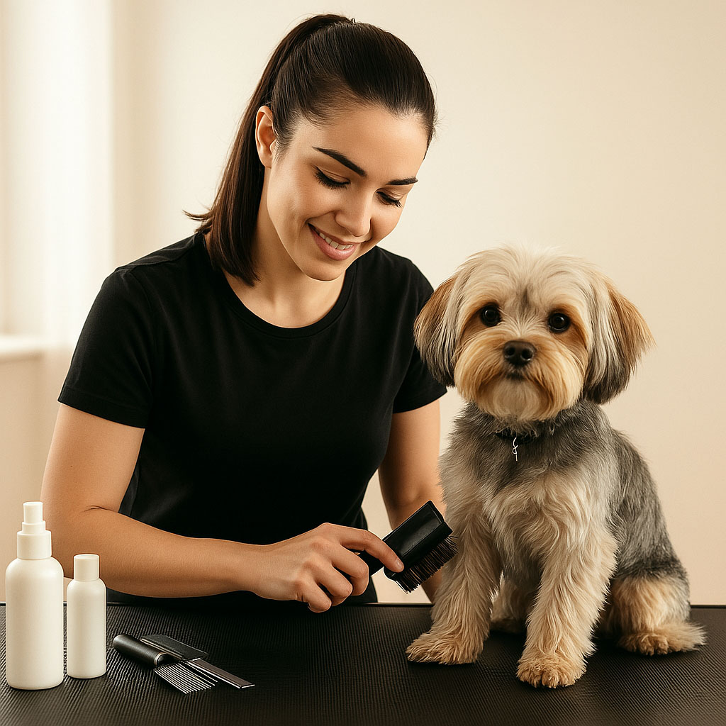 a woman grooming a dog in a pet spa
