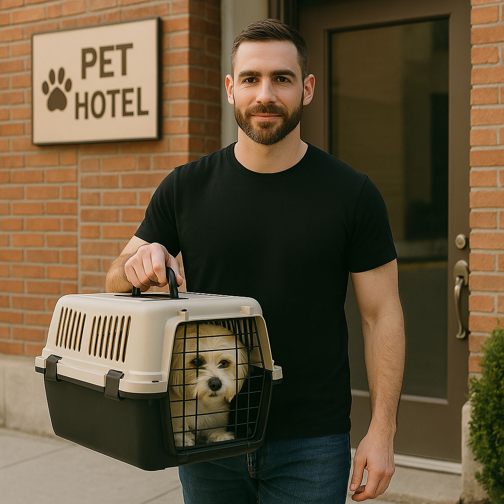 a photo of a man taking a dog to a pet hotel
