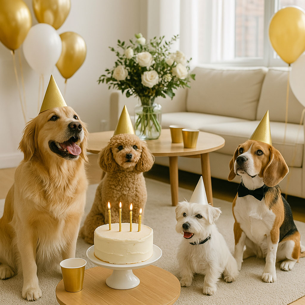 a photo of happy dogs in a pet party
